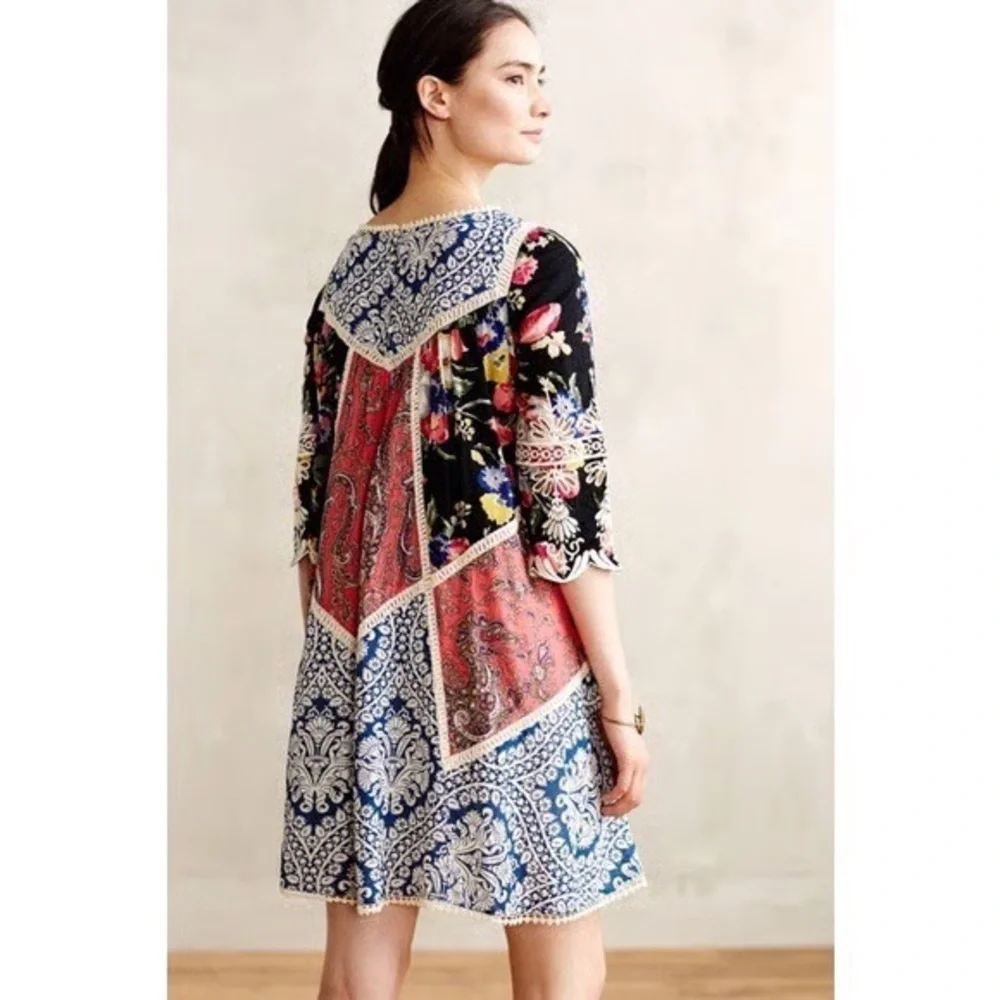 Anthropologie Vanessa Virginia Inez Swing Dress on Bohemian Paisley Floral SZ 4 - Picture 4 of 12